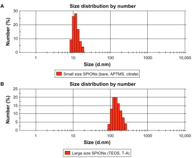 Figure S1 size distributions of relatively small sPIONs (ie, bare and APTMs- or citrate-coated) (Note:Abbreviations:A) and large sPIONs (ie, TeOs- or T-A-coated) (B) in aqueous solution