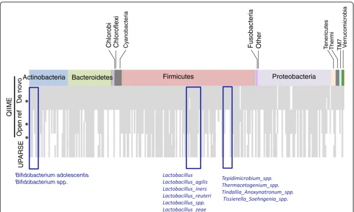 Fig. 6 Unique species identified by the different bioinformatic analysis schemes. Boxes indicate taxa not detected by open reference OTU picking (QIIME) and UPARSE methods, which may be of significance for the study