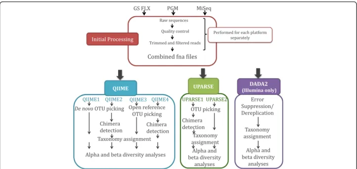 Fig. 2 Evaluated bioinformatics pipelines using QIIME [36] and UPARSE [37] using two different OTU picking methods (QIIME only) either with or without chimera removal steps