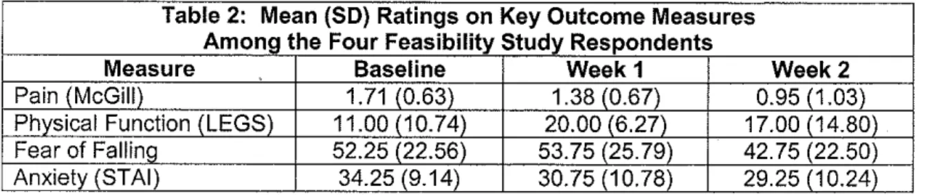 Table 2:  Mean (SO)  Ratings on Key Outcome Measures  Among the Four Feasibility Study Respondents 