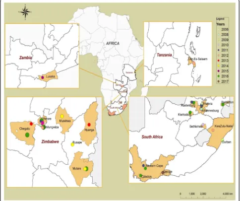 Fig. 3 Distribution of S. Typhi PFGE clone in South Africa, Tanzania, Zambia and Zimbabwe, 2006–2017