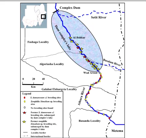 Fig. 1 Map of the Galabat sub-focus showing the study sites before and after the construction of the Upper Atbara and Setit Dam complex