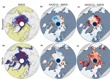 Figure 2. Monthly brightness temperatures simulated by KA2010 (brightness temperature distribution based on ORAP5 reanalysis input data with a comparison plot of both models ata and d) and MA2013 (b and e)