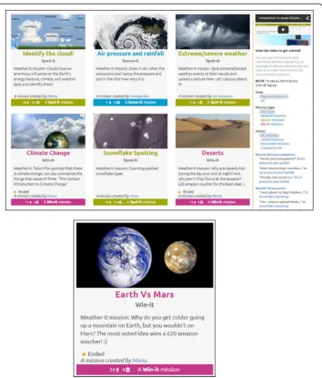 Fig. 4 The three types of missions on the nQuire-it platform: Spot-it missions in green, Win-it missions inpink, and Sense-it missions in light blue