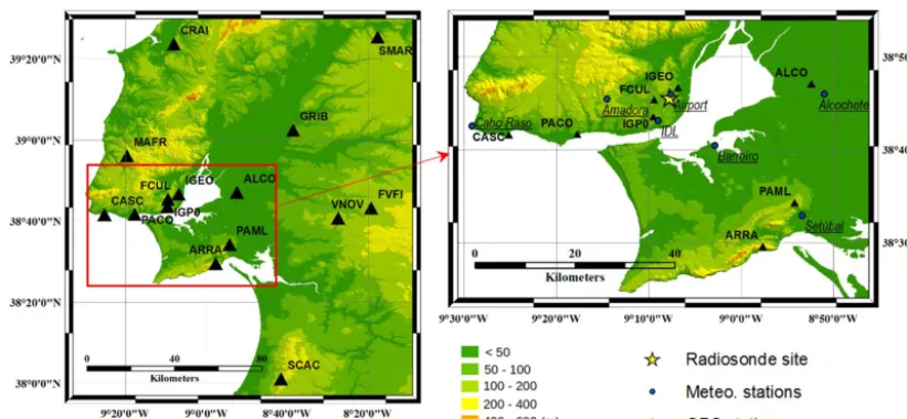 Figure 1. Location of GNSS, radiosonde and meteorological stations in the regional Lisbon area with a zoom over the city area