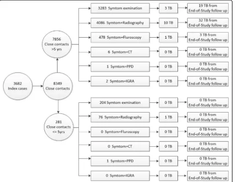 Fig. 1 Flow-chart of the contact investigation with active pulmonary TB stratified by age and contact investigation methods