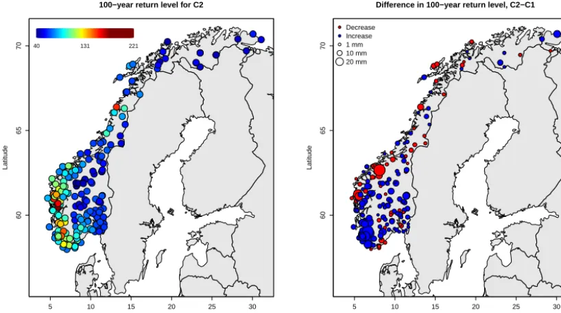 Figure 12. Left: map of 100-year return level estimated on C(2) (1979–2009) with MEWP(0.5,2,8)