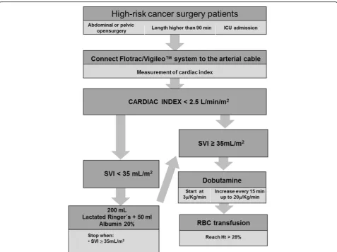 Fig. 1 Algorithm of treatment in the goal-directed hemodynamic therapy (GDHT) group.blood cell, ICU intensive care unit, SVI stroke volume index, RBC red Ht hematocrit