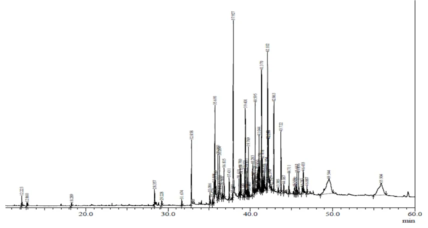 Figure 2: GC-MS Chromatogram of the extracts of leaves of Ocimum sanctum exposed to 100mM salt concentration