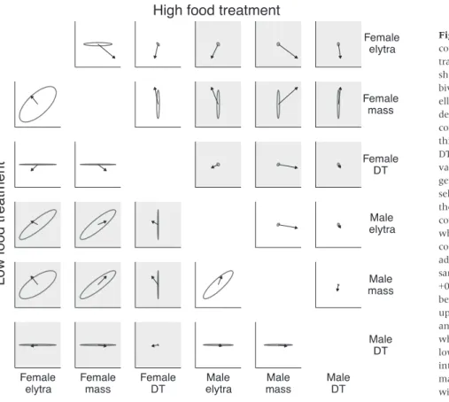 Fig. 1 Additive genetic variance and covariance for each pair of phenotypic traits (ellipses), accompanied by arrows showing the direction and magnitude of bivariate directional selection