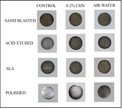 Figure 10: Surface modified titanium discs following instrumentation and irrigation with Group I – Plastic curette  