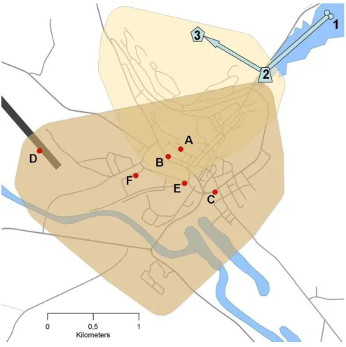 Figure 1Map of Røros with details on the waterworks and some events, which may have been relevant to the water contaminationlow pressure observed at slaughterhouse 3 and 10 May (E) and coliform bacteria proven in a tap water sample from dairy 9 Map of Røro