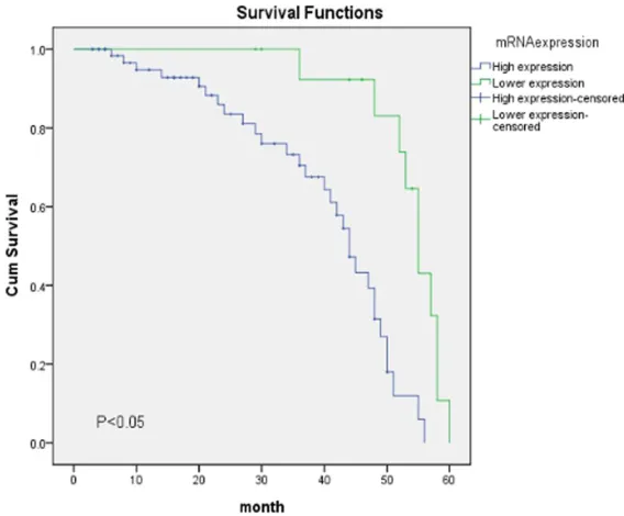 Figure 1. It showed the relationship between POSTN mRNA expression levels and survival time of osteosarcoma patients.