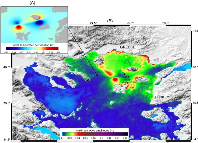 Figure 9. Tsunami numerical simulation of the Mw = 6.9 northern Aegean earthquake which occurred on 24 May 2014: (a) tsunami gener-ation; (b) maximum wave amplitudes distribution in the north Aegean Sea.