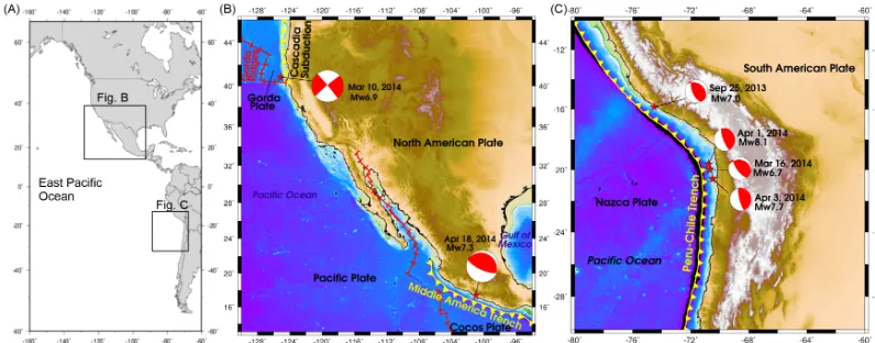 Figure 3. Earthquake events which occurred in the east Paciﬁc source zone: (a) overview of the source zone; (b) location of the Californiaand Mexico events (red stars), their focal mechanism: thrust faulting and strike–slip faulting, respectively (red beach ball), the subductionzone (yellow line) and the spreading centers (red lines); (c) location of four events: the Peru event and three events in northern Chile (redstars), their focal mechanisms are thrust faulting (red beach ball), and the subduction zone (yellow line).