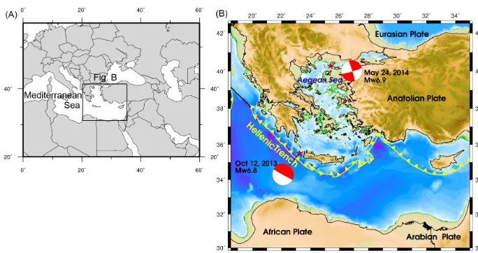 Figure 4. Earthquake events which occurred in the South Atlantic Ocean source zone: (a) overview of the source zone; (b) location of ﬁveevents: three around Scotia Plate, one near the Falkland Island and another one near Bouvet Island, their focal mechanisms are strike–slipfaulting (red beach ball), the subduction zone (yellow line), the transforms (magenta lines), the active spreading center and fracture zones(red lines).