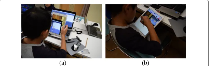 Fig. 11 Children behaviour. a Capturing screen. b Writing a post