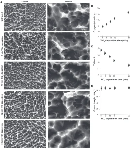 Figure 1 TiOTiO2 super-thin coating to pre-microroughened titanium surfaces. Acid-etched micropit titanium surfaces were coated with molten TiO2 nanoparticles using a slow-rate sputter deposition for various times, ie, five, 10, 15, and 30 minutes