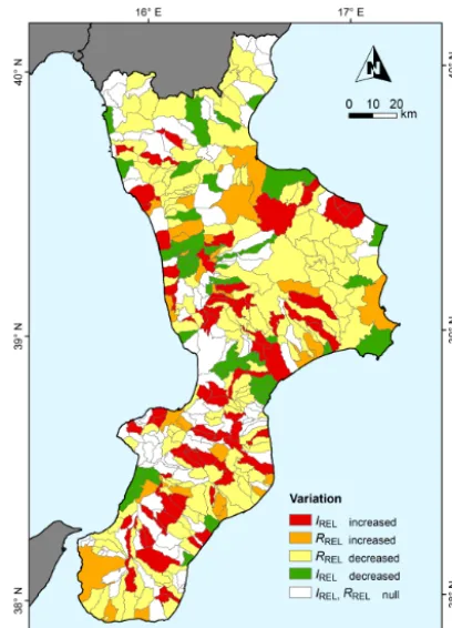 Figure 9. Map showing variations innumber of REL and a larger population). Yellow, municipalitieswith a decreasedpopulation)