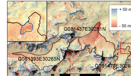 Figure 6. Image showing the difference between Pléiades DEM(2013) and SRTM DEM (2000) for mass balance calculation ofglaciers G081470E30264N (Halji Glacier), G081437E30281N andG081393E30265N (glacier IDs are from Randolph Glacier Inven-tory)