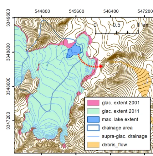 Figure 11. The simulated ﬂooded area in the vicinity of Halji vil-lage assuming three different peak discharge values and a roughnessvalue of 20
