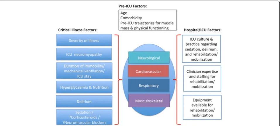 Fig. 1 Impact of pre-ICU, critical illness and hospital/ICU factors on body systems related to physical functioning