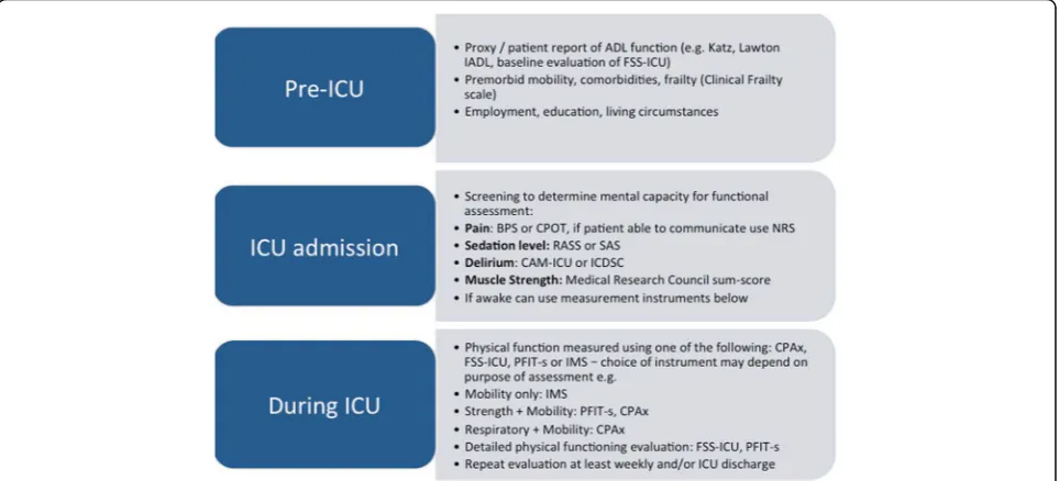 Fig. 3 Recommendations for Clinical Practice – Measurement of Physical Functioning. Abbreviations: ADL activities of daily living; BPS BehaviouralPain Scale; CAM-ICU Confusion assessment method for the ICU; CPAx Chelsea Physical assessment Tool; CPOT Critical Care Pain Observation Tool;FSS-ICU Functional Status Score for the ICU; IADL instrumented activities of daily living; ICU intensive care unit; ICDSC Intensive Care DeliriumScreening Checklist; IMS ICU Mobility Scale; NRS Numerical rating scale; PFIT-s Physical Function in ICU Test-scored; RASS Richmond Agitation andSedation Scale; SAS, Sedation Agitation Scale