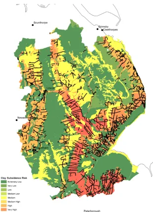 Figure 6. Road sections identiﬁed “at risk” of clay-related subsidence at present (soils data (England and Wales)© Cranﬁeld University andfor the controller of HMSO 2015).