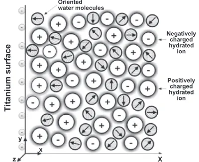Figure B.1 Schematic ﬁgure of an electrical double layer near a negatively charged planar membrane surface