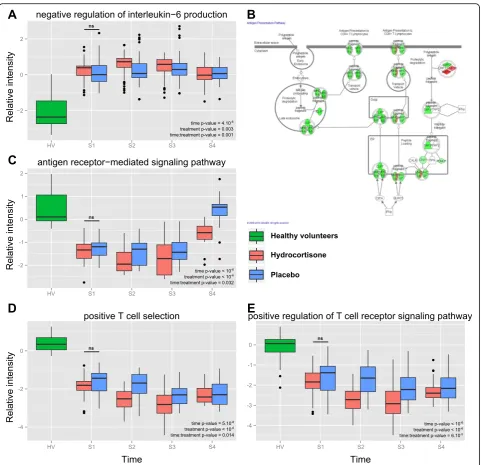 Fig. 4 Modulation of the immune response by hydrocortisone. Summary of the effect of hydrocortisone administration on gene expression inhealthy volunteers (green), hydrocortisone-treated patients (red) or placebo-treated patients (blue) for various compone