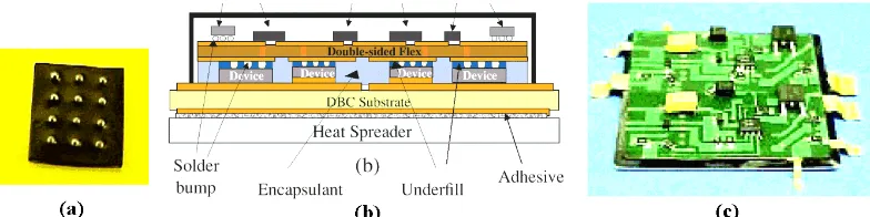 Figure 3.5 (a) D2BGA IGBT chip-scale package, (b) schematic of FCOF power switching stage 