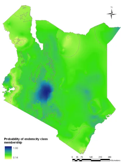 Figure 5P. falciparum spatial resolutionSpatial distribution of probability of membership of malaria endemicity class in Kenya at 1 × 1 km spatial resolutionSpatial distribution of probability of membership of P