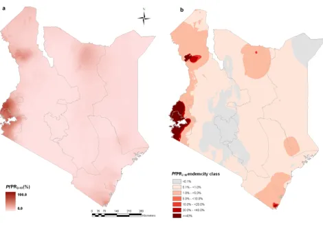 Figure 3Spatial distribution of P. falciparum malaria in Kenya at 1×1 km spatial resolutionSpatial distribution of P
