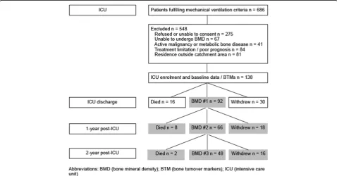 Fig. 1 Summary of eligibility, enrolment, and follow-up of patients undergoing BMD assessment following intensive care.mineral density, Abbreviations: BMD bone BTM bone turnover markers, ICU intensive care unit