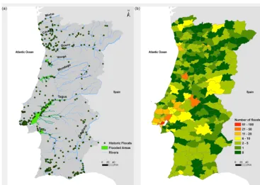 Figure 4. External ﬂood data sets used in this work: (a) inundated area for the 100-year return period ﬂood in the main Portuguese riversand ﬂood historical points based on civil protection registries and information from journals; (b) number of occurrences with considerabledamage per municipality that occurred in the last century (adapted from Quaresma, 2008).