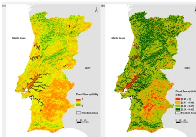Figure 7. Comparison between the ﬂood susceptibility index values and the limits of the 100-year ﬂood area map data set for the mainPortuguese rivers considering (a) a continuous susceptibility scale and (b) the proposed index classes.