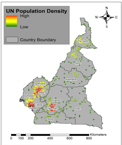 Fig. 8 Map showing the Population density at the urban-rural scale for the different DHS administrative regions