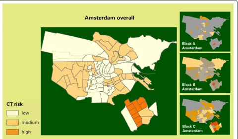 Figure 3 Risk stratification and cluster randomization: map of Amsterdam. The map shows the division into clusters (neighbourhoods)with an indication of Chlamydia risk levels and randomized stratification into blocks A, B, and C.
