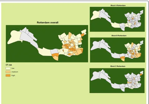 Figure 4 Risk stratification and cluster randomization: map of Rotterdam. The map shows the division into clusters (neighbourhoods) withan indication of Chlamydia risk levels and randomized stratification into blocks A, B, and C.