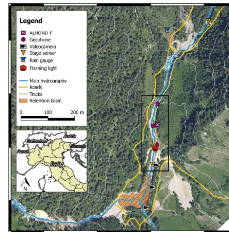 Figure 1. The Gadria testing ﬁeld (black rectangle) for debris-ﬂow warning systems and algorithms