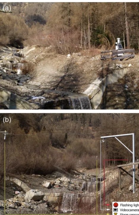 Figure 2. (a) The ALMOND-F equipment installed on the leftthe ALMOND-F: the video camera visible in this picture shot thebank of the Gadria torrent including a rain gauge, a solar paneland the box containing the data logger; (b) the area downstreamframes r