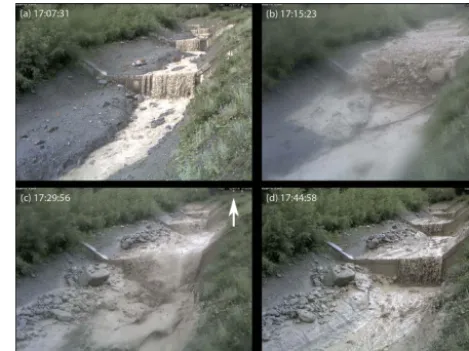 Figure 3. Frames from the video camera part of the EWS testingﬁeld (Fig. 2b) showing the debris ﬂow occurred on 15 July 2014in the Gadria creek