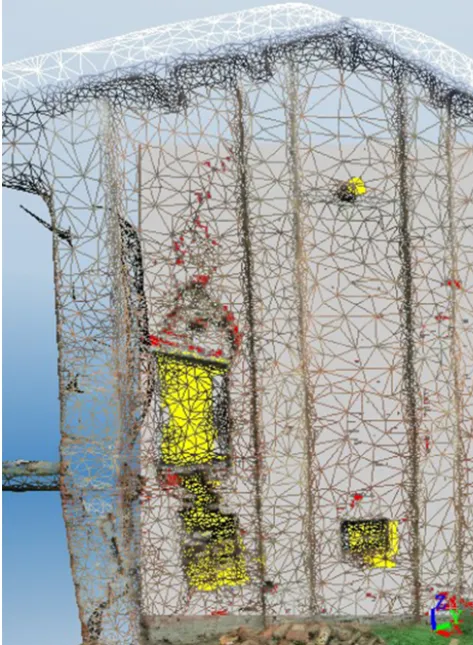 Figure 13. Example of the wire mesh with OBIA extracted infor-mation overlaid. Yellow indicated holes, and red indicated cracks inthe façade (for better contrast, the color scheme was changed fromthe previous examples).