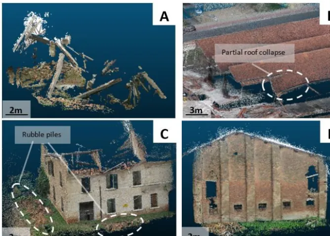 Figure 3. The 3-D point clouds used to identify the mentioned damage features.roof (Germany: UAV-based), (a) Total collapse (Italy: pole-based), (b) partly collapsed (c) rubble pile (Italy: pole-based), and (d) frontal view of an inclined wall (Italy: pole