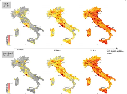 Figure 6 Geotemporal spreading pattern of the epidemic. Comparison of the spatial epidemic evolution in GLEaM (top) and in the agent-based model (bottom) at three different snapshots of the simulation for R0 = 1.9
