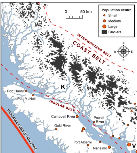Figure 1. Location of Knight Inlet (K) on the southern BritishColumbia coast. Glaciers coincide with the highest parts of theCoast Mountains