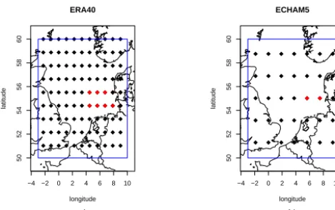 Figure 1. (a) German Bight (red dots) and North Sea region (blackSea region (black dots) for ECHAM5 (T63) data