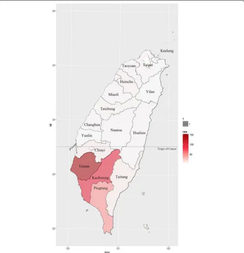Fig. 2 2015 Taiwan Dengue Incidence Intensity Distribution. The figure was generated by the Statistical Package R version 3.3.0 [21]