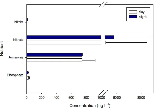 Figure 2.3. Representative oxygen depth profiles taken with microsensor (unisense) of microbial mats on site 1(far shore, blue) and 2 (near shore, green)