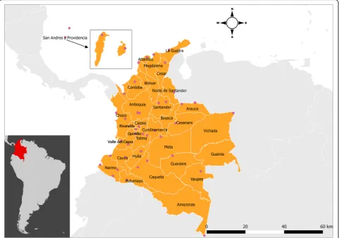 Fig. 1 The map of study areas among 32 departments in Colombia, where the pink circles represent the locations of weather monitoring stations